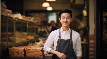 Asian young male standing in front of bakery