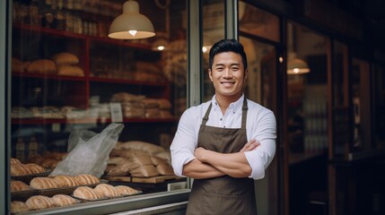 Asian young male standing in front of bakery