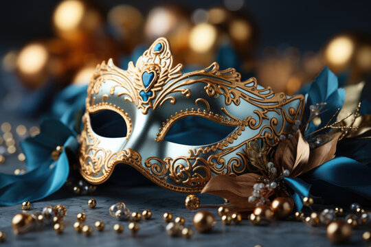 Blue and gold Venetian carnival mask with feathers, copy space