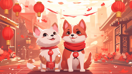 Pet cats and dogs celebrate Chinese New Year illustration background
