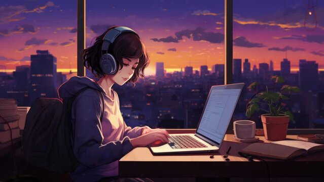 Lofi girl music beats head bopping seamless loop animation