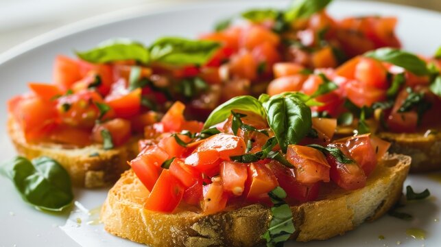  a close up of a piece of bread with tomatoes and basil on it on a white plate with a green leafy garnish.