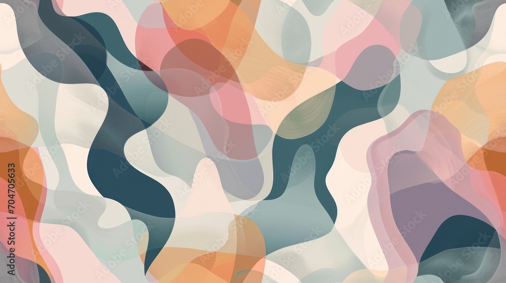 Wall mural  a multicolored abstract background with a pattern of wavy shapes and colors that are mostly orange, pink, blue, green, and white.