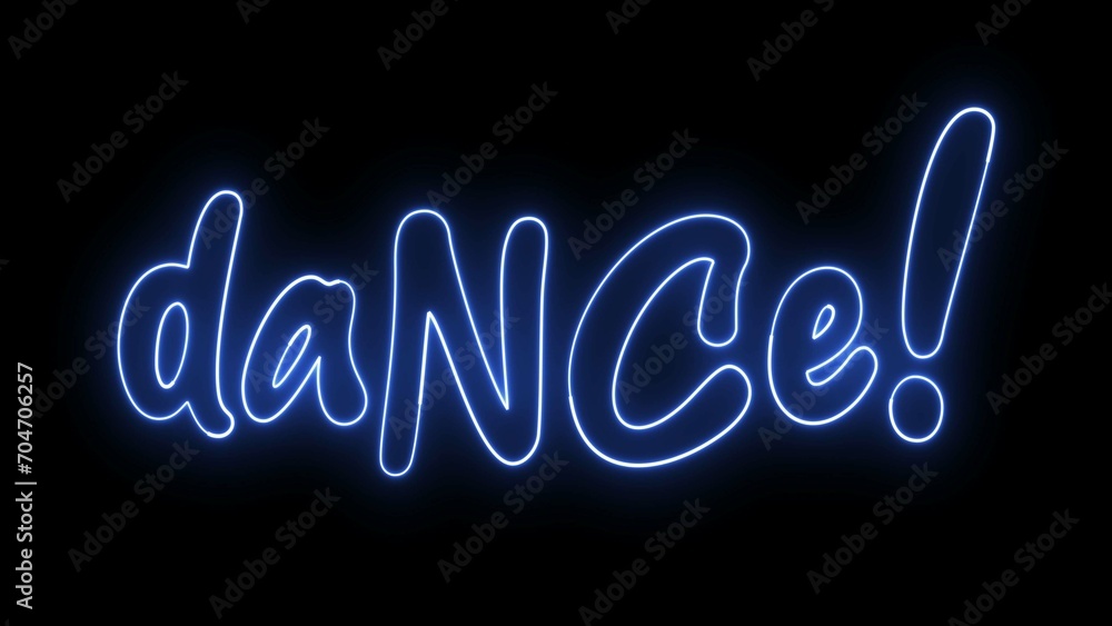 Poster dance text font with neon light. luminous and shimmering haze inside the letters of the text dance. 