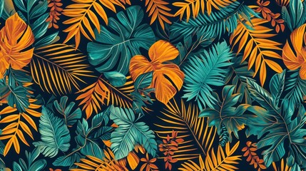  a pattern of tropical leaves and flowers on a black background with orange, green, yellow and blue colors on a black background.