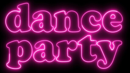 Dance Party text font with neon light. Luminous and shimmering haze inside the letters of the text Dance Party. Dance Party Neon Sign.	
