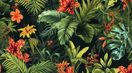 Fototapete Rund  a bunch of tropical plants and flowers on a black background with red, yellow, green, and orange flowers. © Anna
