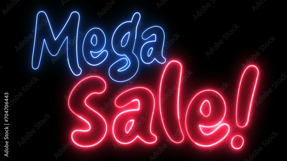 Poster mega sale text font with neon light. luminous and shimmering haze inside the letters of the text meg