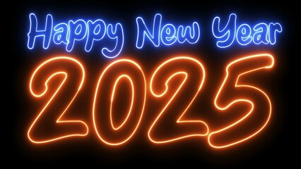 Happy New Year 2025 text font with light. Luminous and shimmering haze inside the letters of the text Happy New Year 2025. 2025 Chirstmas.