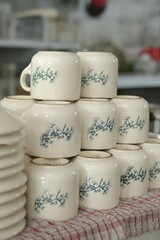 Stacks of vintage cups for coffee or tea. Porcelain cup . Cangkir keramik