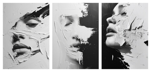 Set of female surreal art posters, abstract black and white modern woman concept art	