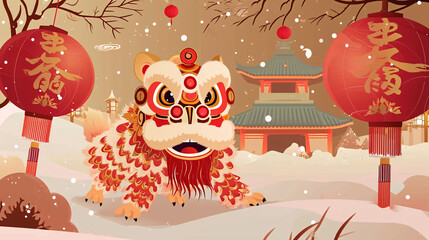 Chinese New Year Spring Festival outdoor hanging lanterns under the snow lion dance background illustration
