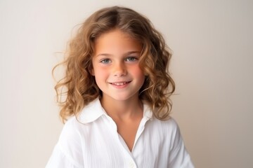 portrait of a beautiful little girl with long curly hair in a white shirt