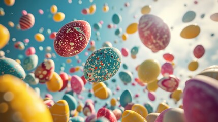  a bunch of balloons floating in the air with confetti and sprinkles all over the air.