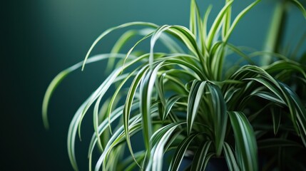 Fototapeta premium a close up of a green plant with long thin green leaves on a dark green background with a dark green wall in the background.
