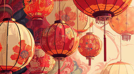 Chinese New Year Spring Festival Lantern Festival outdoor branches hanging lanterns under the background illustration
