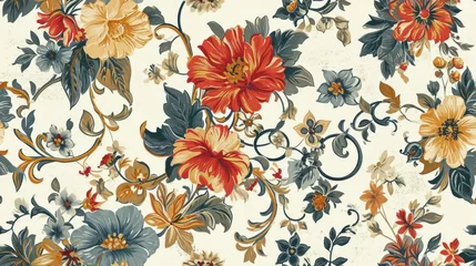 Fotobehang  a floral wallpaper pattern with red, yellow, and blue flowers on a white background with swirls and leaves. © Anna