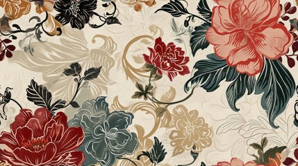  a close up of a floral wallpaper with many different colors and sizes of flowers on a white background with black, red, and green leaves.