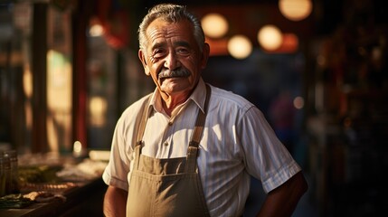 Mexican senior male standing in front of bakery