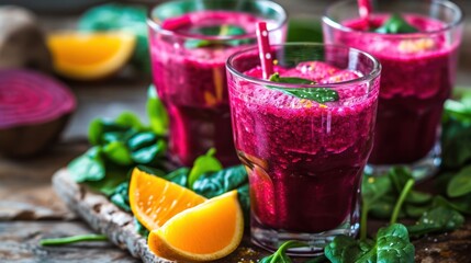 Fototapeta premium three glasses of smoothie on a table with spinach, oranges, spinach, and spinach leaves.