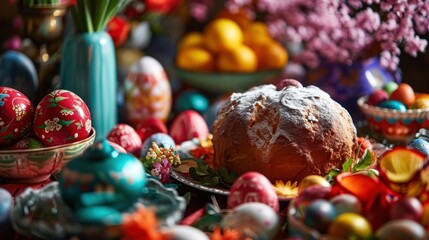 Fototapeta premium a bundt cake sitting on top of a plate next to a bowl of eggs and a vase of flowers.