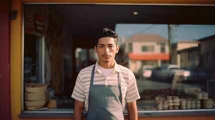 Fototapeta premium Mexican young male standing in front of bakery
