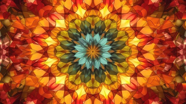  a multicolored image of a flower on a red, yellow, orange, and green background with a circular design in the center.