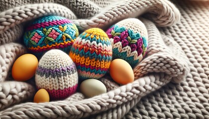 Knitted handmade Easter eggs. Generative AI