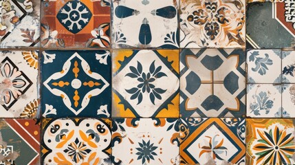  a close up of a wall made up of different colors and shapes of tiles with a clock in the middle of one of the tiles.