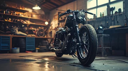 Foto op Canvas Custom Bobber Motorbike Standing in an Authentic Creative Workshop. Vintage Style Motorcycle Under Warm Lamp Light in a Garage © Jennifer