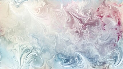  an abstract painting of white, pink, and blue swirls on a white and pink background with a blue sky in the background.
