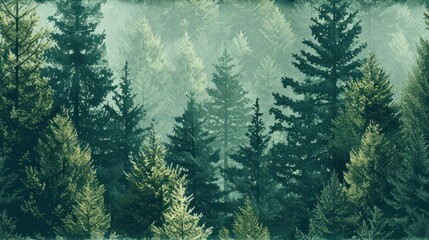  a painting of a forest with lots of trees in the foreground and a foggy sky in the background.