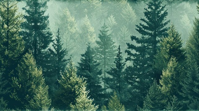  a painting of a forest with lots of trees in the foreground and a foggy sky in the background. © Anna