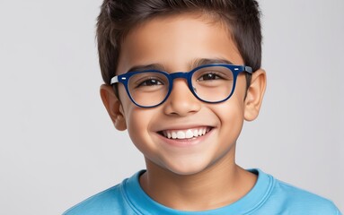 Rostro de niño latino sonriente de cabello lacio y corto, usando lentes y playera azul - obrazy, fototapety, plakaty