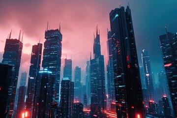 Fototapeta na wymiar High-tech futuristic cityscape with neon lights and skyscrapers