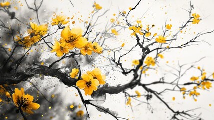  a black and white photo of a tree with yellow flowers in the foreground and a black and white photo of a tree with yellow flowers in the background.