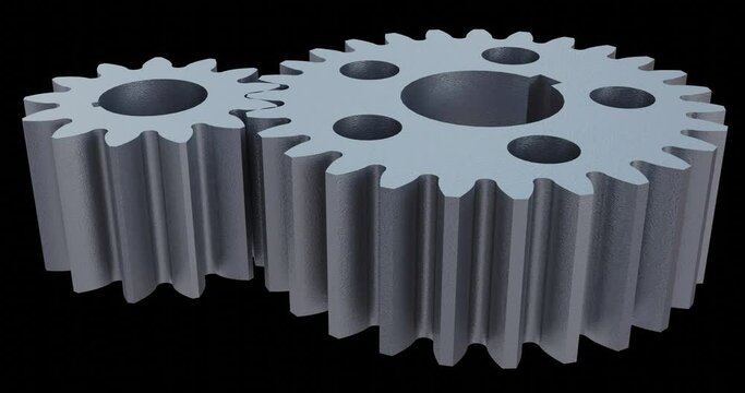 Machinery gear animation - spur type. Close-up showing the pinion meshing with the gear assembly