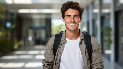 Confident young male college student smiling on campus - obrazy, fototapety, plakaty