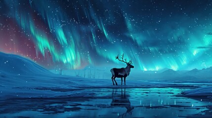  a deer standing in the middle of a frozen lake under a sky filled with green and purple aurora bores. - obrazy, fototapety, plakaty