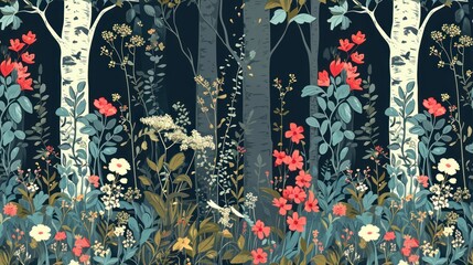  a painting of a forest filled with lots of different types of flowers and trees on a dark blue background with red, white, and green leaves.