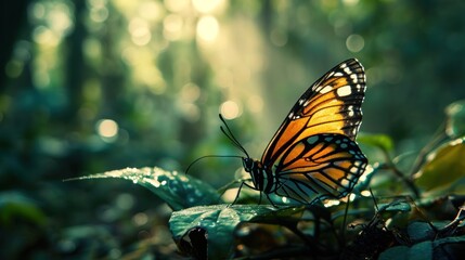  a close up of a butterfly on a leaf in the middle of a forest with sunlight streaming through the leaves.