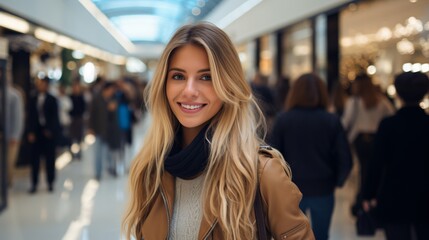 Portrait of a young blonde woman smiling in a shopping mall - obrazy, fototapety, plakaty