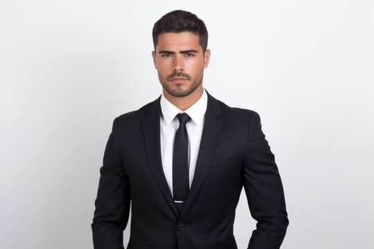 Portrait of a handsome young man in black suit on grey background