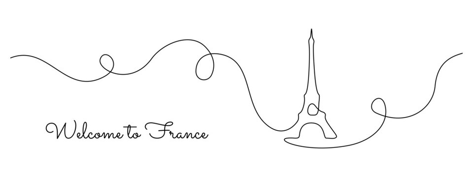 Continuous one line drawing of Paris Eiffel tower. French landmarks and city architecture in simple linear style. Editable stroke. Doodle vector illustration