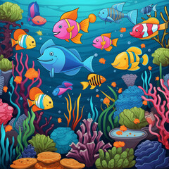 Ocean Creatures, Fish Background Cartoon Style