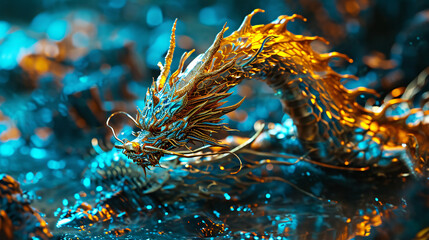 2024 Blue gold 3d Cyberpunk science fiction style Chinese dragon material concept illustration
