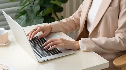 Naklejka premium Asian woman working on laptop in home office,