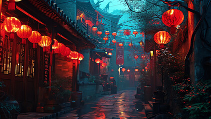 Red lanterns and lanterns lighting up the streets