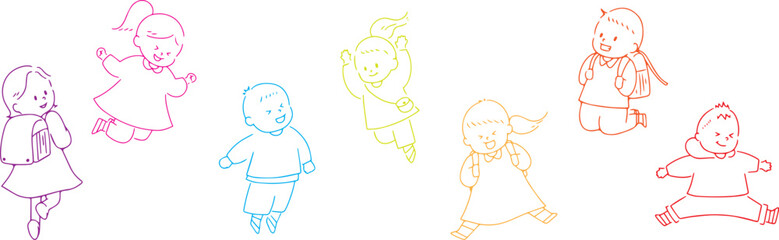 ジャンプする小学生の線画セット