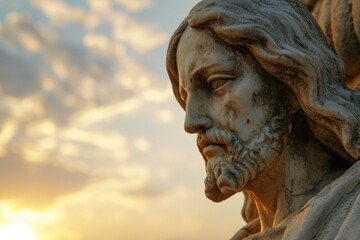Macro shot of a Jesus Christ statue against a sunrise, highlighting the interplay of light and spirituality